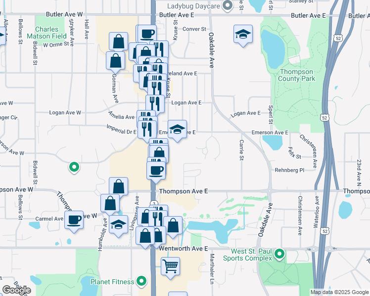 map of restaurants, bars, coffee shops, grocery stores, and more near 150 Emerson Avenue East in West Saint Paul