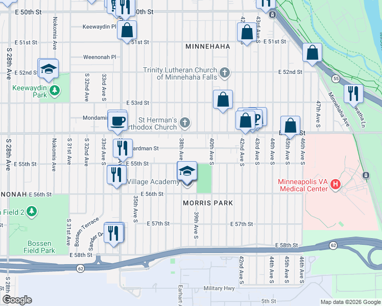 map of restaurants, bars, coffee shops, grocery stores, and more near 3801 Boardman Street in Minneapolis