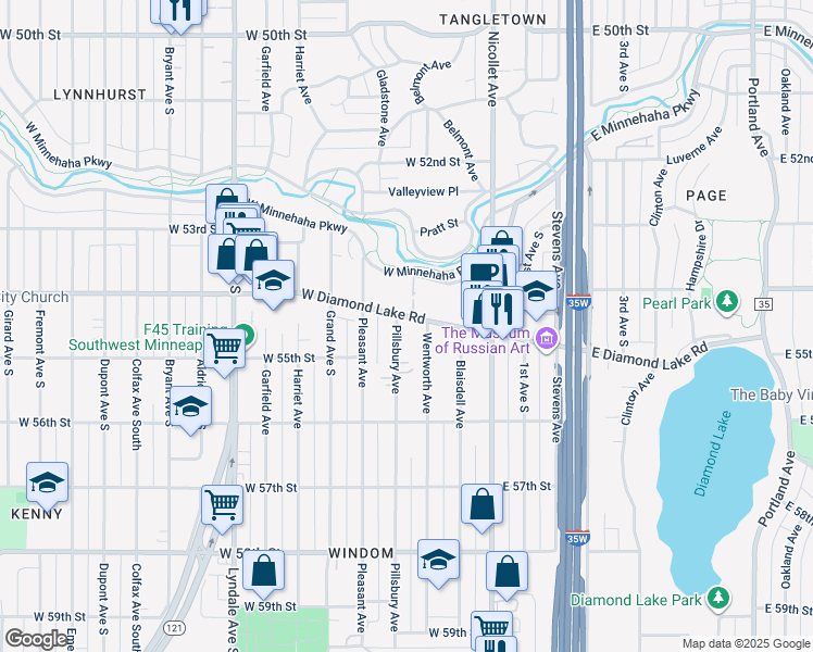 map of restaurants, bars, coffee shops, grocery stores, and more near 5412 Pillsbury Avenue in Minneapolis