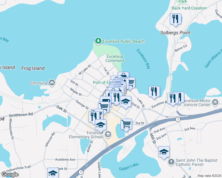 map of restaurants, bars, coffee shops, grocery stores, and more near in Excelsior