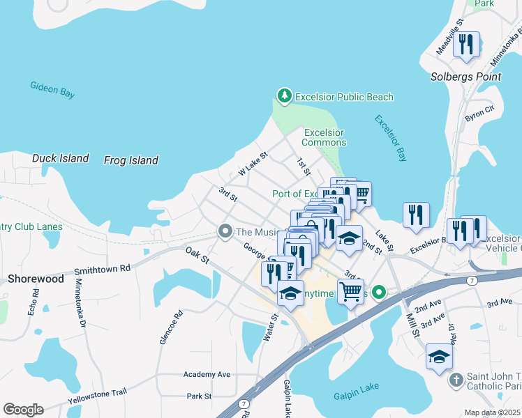map of restaurants, bars, coffee shops, grocery stores, and more near 190 3rd Street in Excelsior