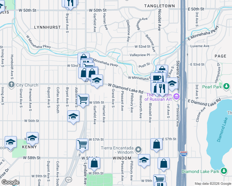 map of restaurants, bars, coffee shops, grocery stores, and more near 5424 Pleasant Avenue in Minneapolis