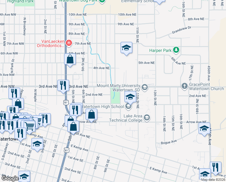 map of restaurants, bars, coffee shops, grocery stores, and more near 100 US Highway 212 in Watertown