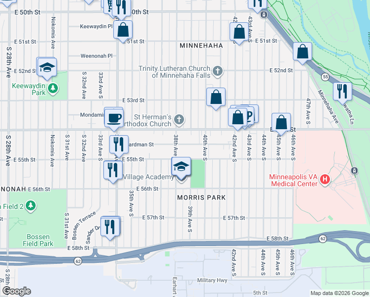 map of restaurants, bars, coffee shops, grocery stores, and more near 3801 Boardman Street in Minneapolis
