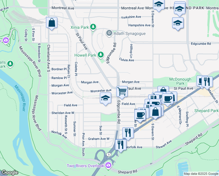 map of restaurants, bars, coffee shops, grocery stores, and more near 1275 Saint Paul Avenue in Saint Paul
