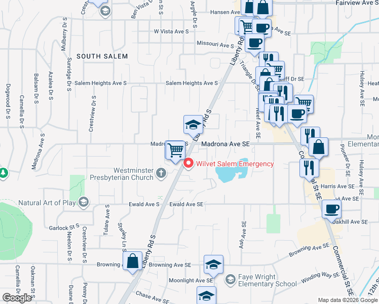map of restaurants, bars, coffee shops, grocery stores, and more near 3542 Liberty Road South in Salem