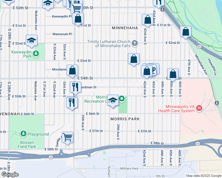 map of restaurants, bars, coffee shops, grocery stores, and more near 3801 Boardman Street in Minneapolis