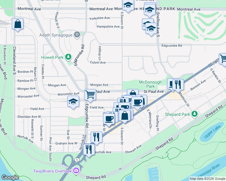 map of restaurants, bars, coffee shops, grocery stores, and more near 1371 Saint Paul Avenue in Saint Paul