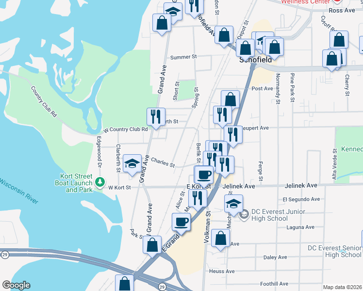 map of restaurants, bars, coffee shops, grocery stores, and more near 1913 Spring Street in Schofield