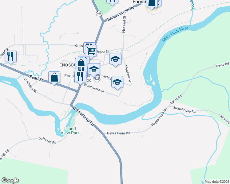 map of restaurants, bars, coffee shops, grocery stores, and more near 298 Dickenson Avenue in Enosburg