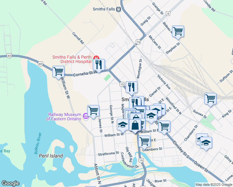 map of restaurants, bars, coffee shops, grocery stores, and more near 22 Glen Avenue in Smiths Falls
