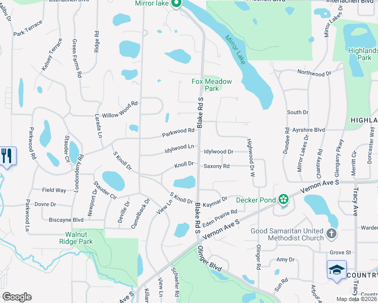 map of restaurants, bars, coffee shops, grocery stores, and more near 6228 Knoll Drive in Minneapolis