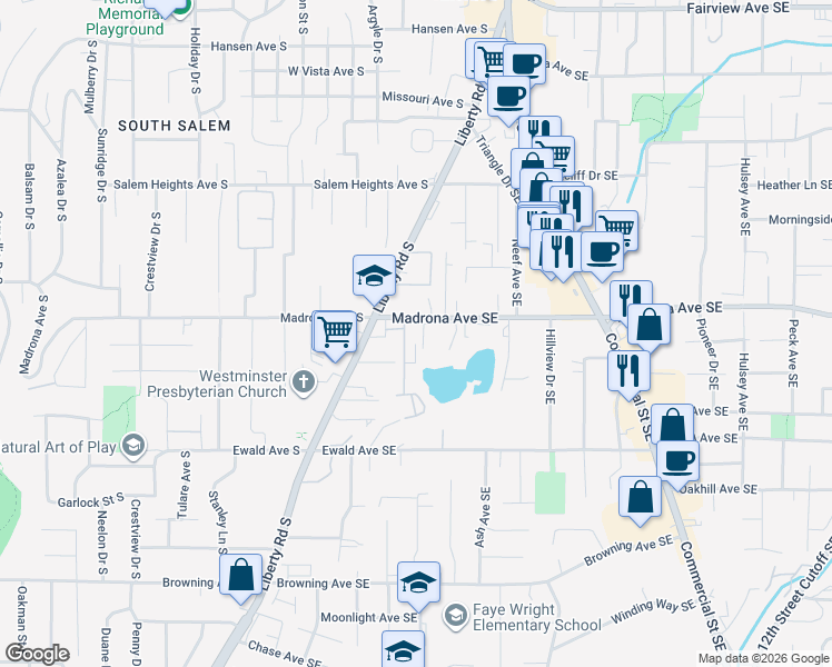 map of restaurants, bars, coffee shops, grocery stores, and more near 3542 Halifax Square Southeast in Salem