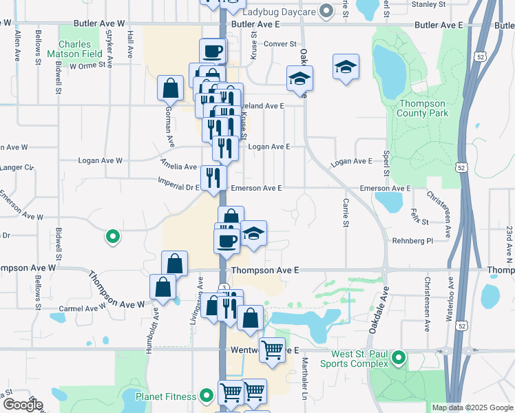 map of restaurants, bars, coffee shops, grocery stores, and more near 150 Emerson Avenue East in West Saint Paul