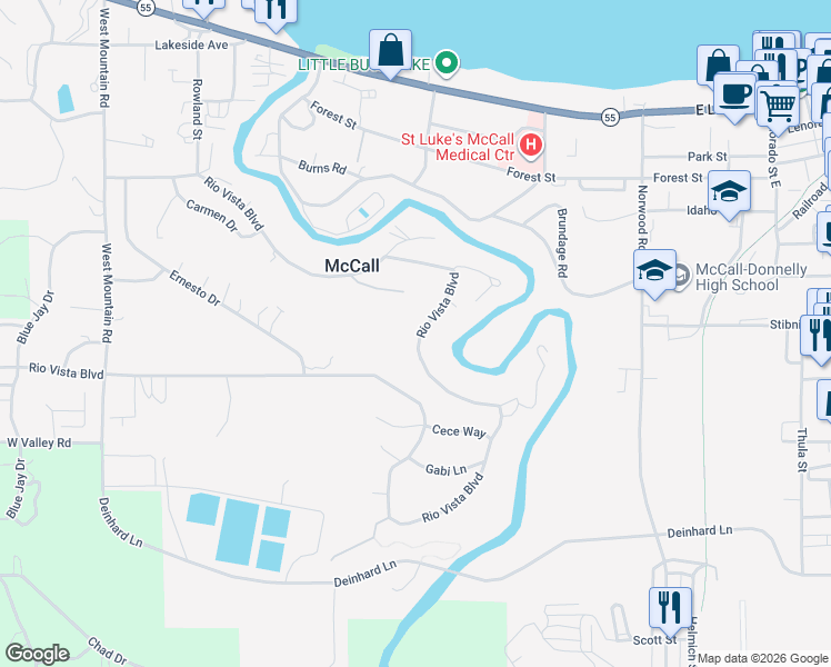 map of restaurants, bars, coffee shops, grocery stores, and more near 336-370 Rio Vista Blvd in McCall