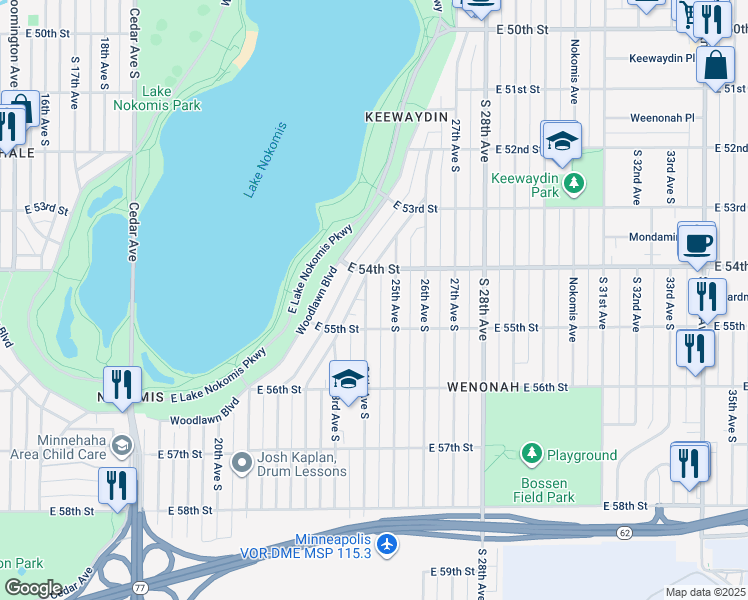 map of restaurants, bars, coffee shops, grocery stores, and more near 5441 24th Avenue South in Minneapolis