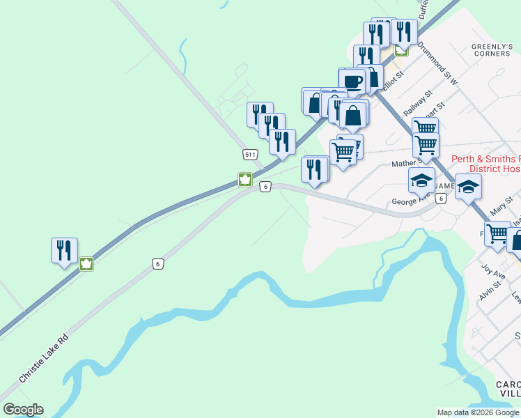 map of restaurants, bars, coffee shops, grocery stores, and more near 101 Christie Lake Road in Perth