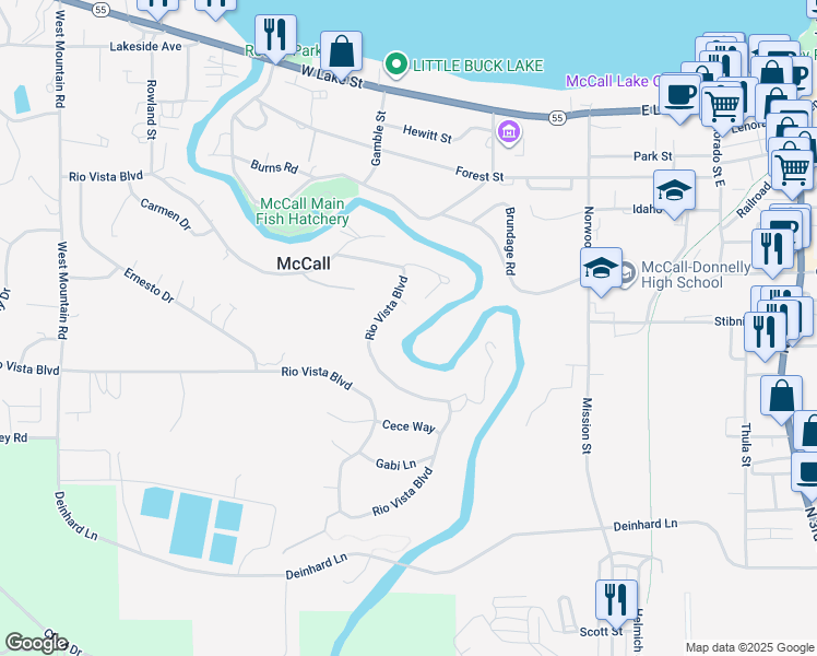map of restaurants, bars, coffee shops, grocery stores, and more near 377 Rio Vista Boulevard in McCall