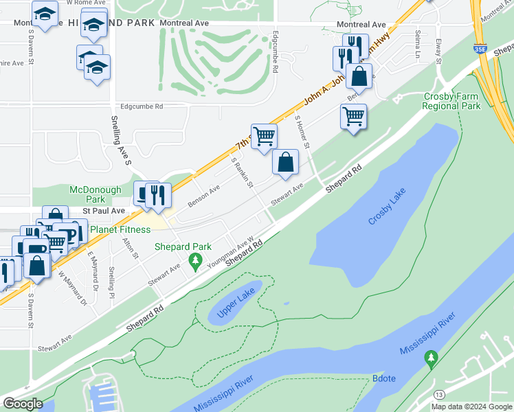 map of restaurants, bars, coffee shops, grocery stores, and more near 2162 Stewart Avenue in Saint Paul
