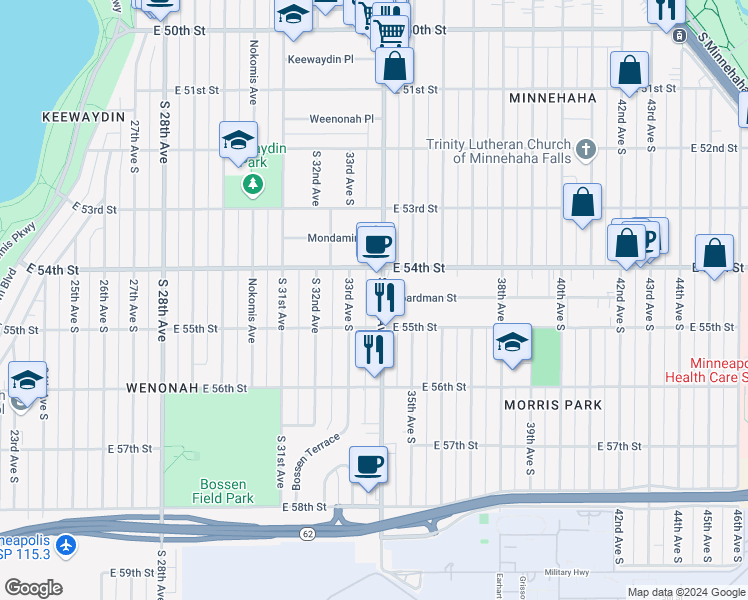 map of restaurants, bars, coffee shops, grocery stores, and more near 5450 South 34th Avenue in Minneapolis
