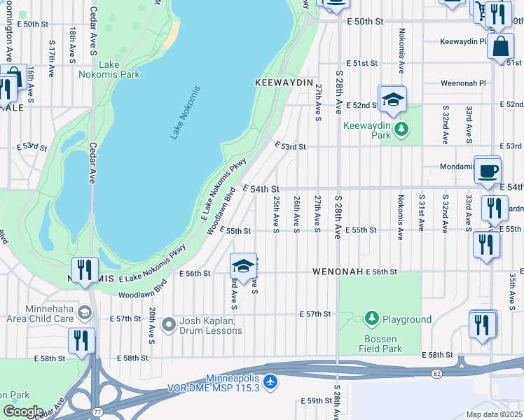map of restaurants, bars, coffee shops, grocery stores, and more near 5441 24th Avenue South in Minneapolis