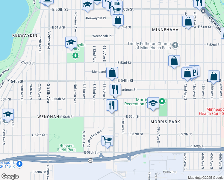 map of restaurants, bars, coffee shops, grocery stores, and more near 5430 South 34th Avenue in Minneapolis