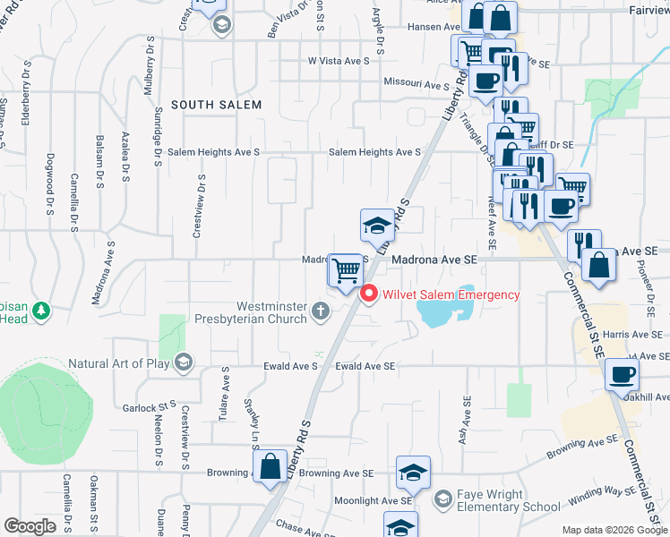 map of restaurants, bars, coffee shops, grocery stores, and more near 404 Madrona Avenue South in Salem
