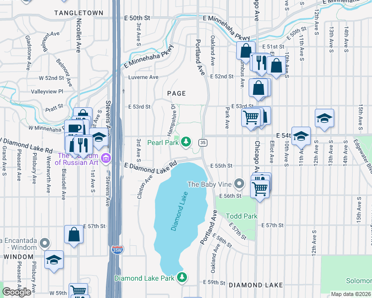 map of restaurants, bars, coffee shops, grocery stores, and more near 414 East Diamond Lake Road in Minneapolis