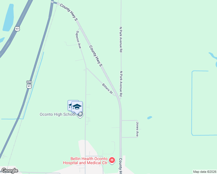 map of restaurants, bars, coffee shops, grocery stores, and more near 225 Bitters Street in Oconto