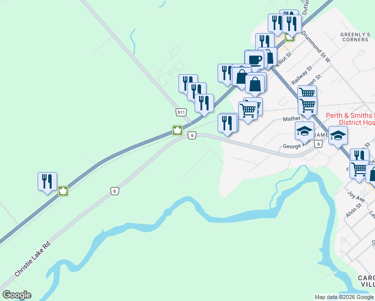 map of restaurants, bars, coffee shops, grocery stores, and more near 101 Christie Lake Road in Perth