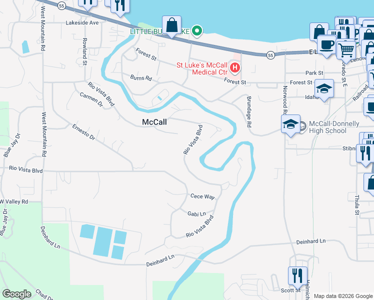 map of restaurants, bars, coffee shops, grocery stores, and more near 370 Rio Vista Blvd in McCall