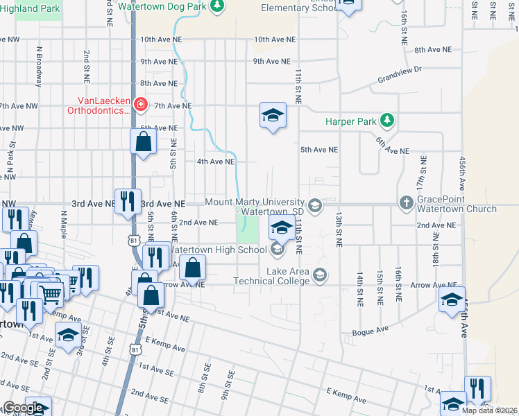 map of restaurants, bars, coffee shops, grocery stores, and more near 100 US Highway 212 in Watertown