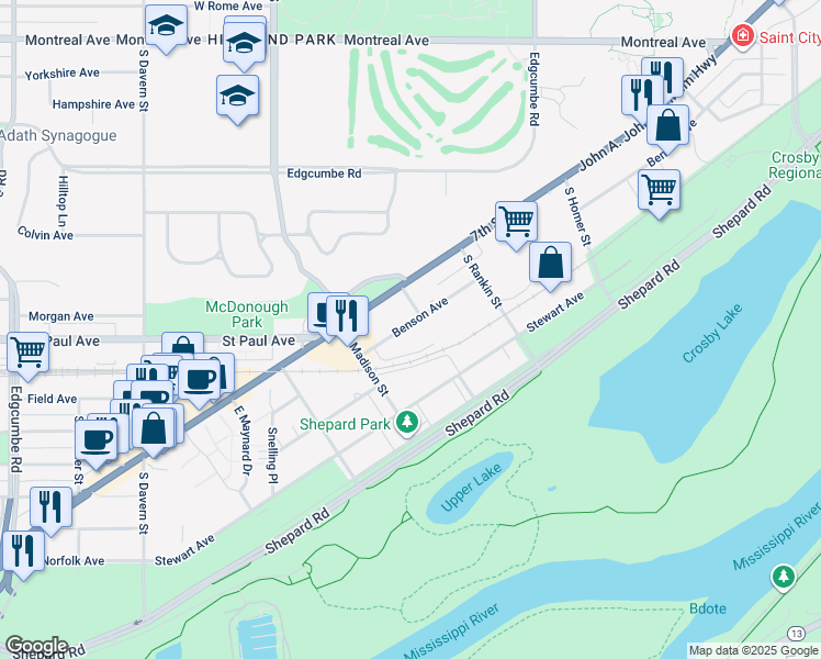 map of restaurants, bars, coffee shops, grocery stores, and more near 2276 Benson Avenue in Saint Paul