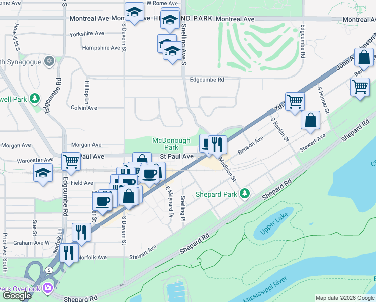 map of restaurants, bars, coffee shops, grocery stores, and more near 2365 7th Street West in Saint Paul
