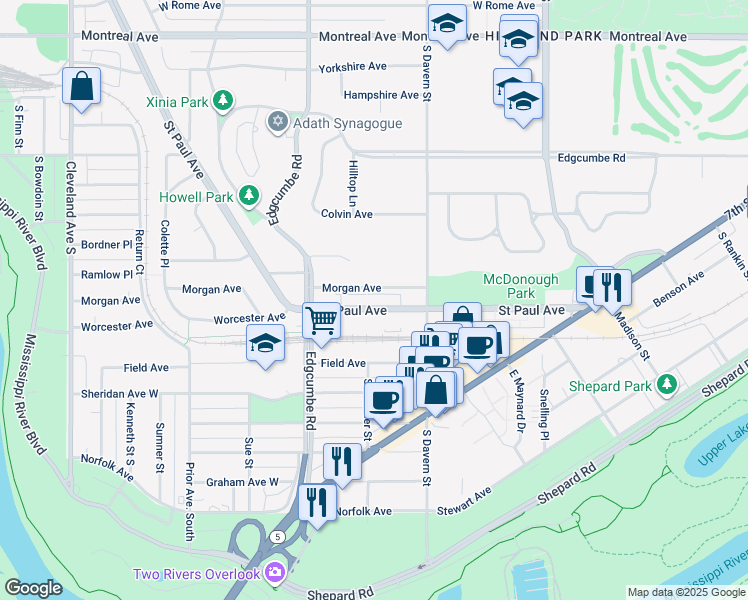 map of restaurants, bars, coffee shops, grocery stores, and more near 1371 Saint Paul Avenue in Saint Paul