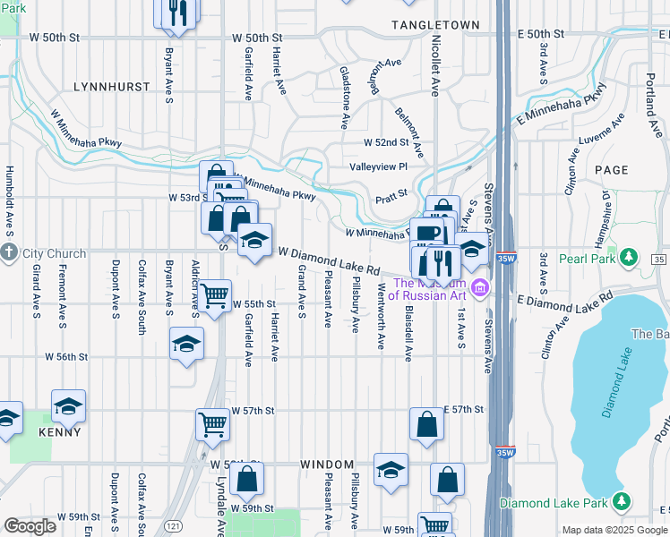 map of restaurants, bars, coffee shops, grocery stores, and more near 5424 Pleasant Avenue in Minneapolis