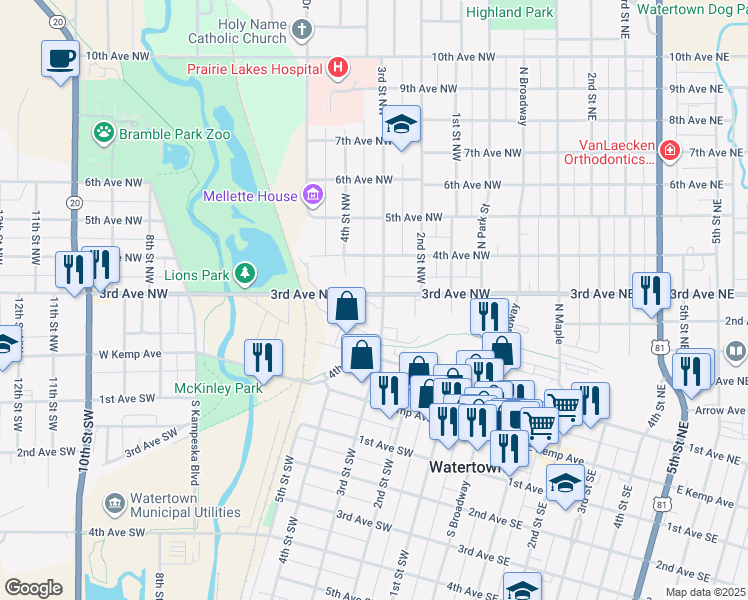 map of restaurants, bars, coffee shops, grocery stores, and more near 115-259 3rd Street Northwest in Watertown