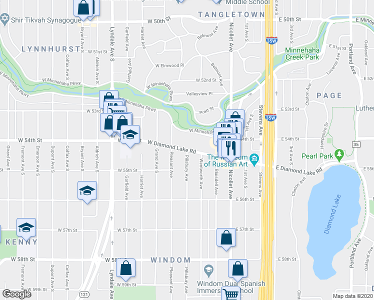 map of restaurants, bars, coffee shops, grocery stores, and more near West Diamond Lake Road in Minneapolis