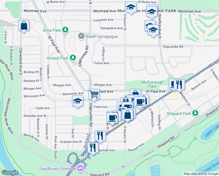 map of restaurants, bars, coffee shops, grocery stores, and more near 1371 Saint Paul Avenue in Saint Paul