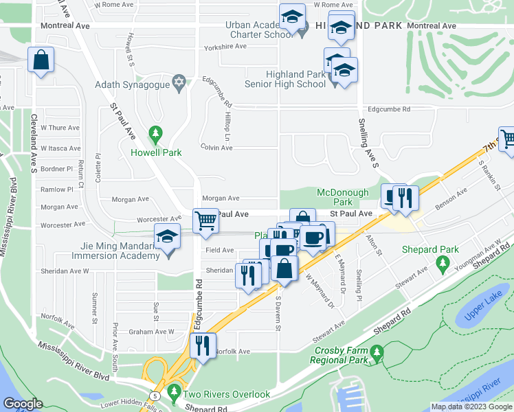 map of restaurants, bars, coffee shops, grocery stores, and more near 1398 Saint Paul Avenue in Saint Paul