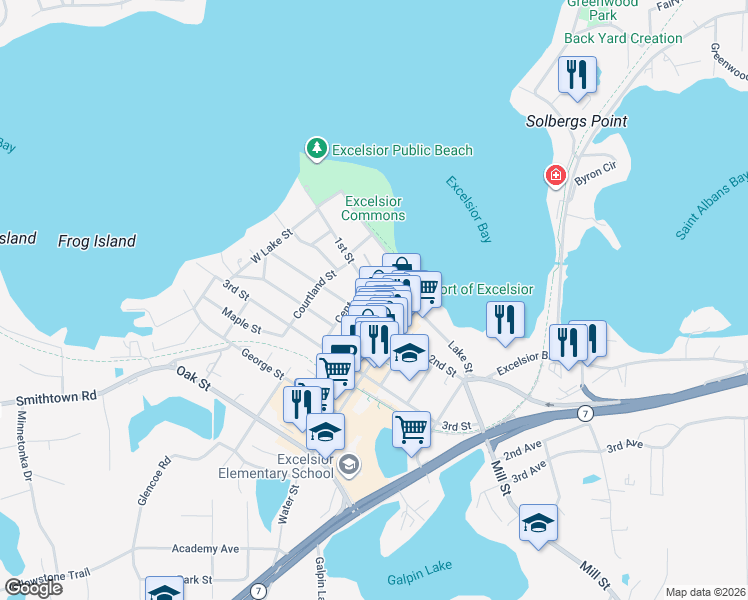 map of restaurants, bars, coffee shops, grocery stores, and more near in Excelsior