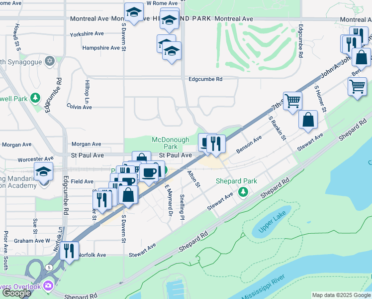 map of restaurants, bars, coffee shops, grocery stores, and more near 1565 Saint Paul Avenue in Saint Paul