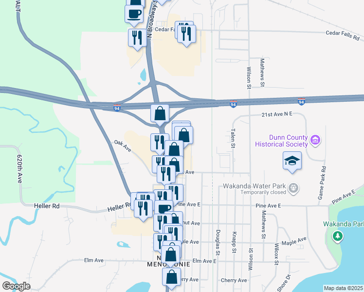 map of restaurants, bars, coffee shops, grocery stores, and more near 103 Oak Avenue in Menomonie