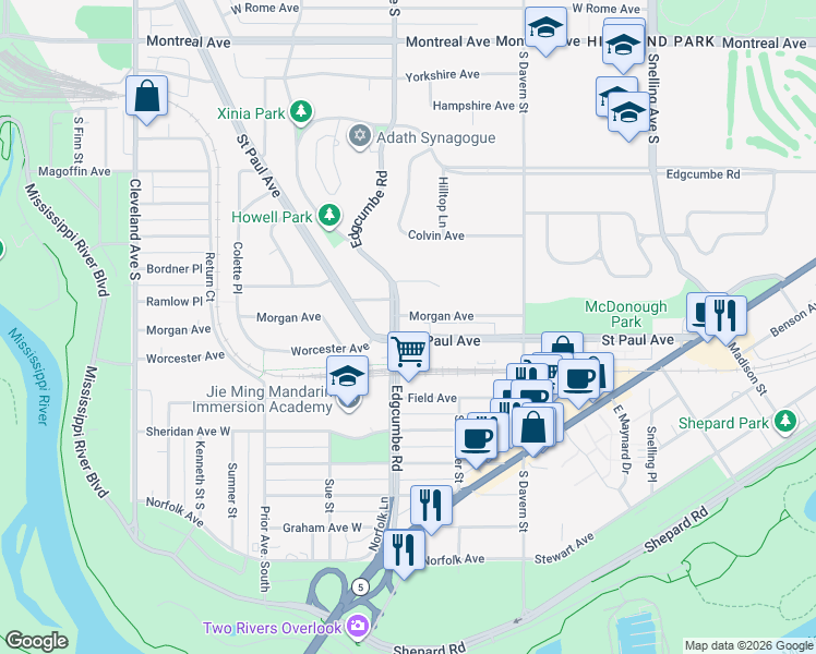 map of restaurants, bars, coffee shops, grocery stores, and more near in Saint Paul