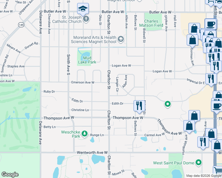map of restaurants, bars, coffee shops, grocery stores, and more near 1 Langer Circle in Saint Paul