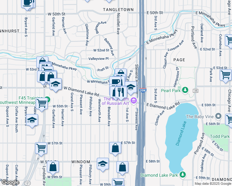 map of restaurants, bars, coffee shops, grocery stores, and more near 5426 Nicollet Avenue South in Minneapolis