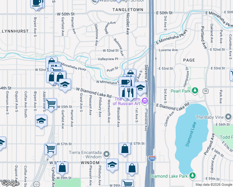 map of restaurants, bars, coffee shops, grocery stores, and more near 102 West Diamond Lake Road in Minneapolis