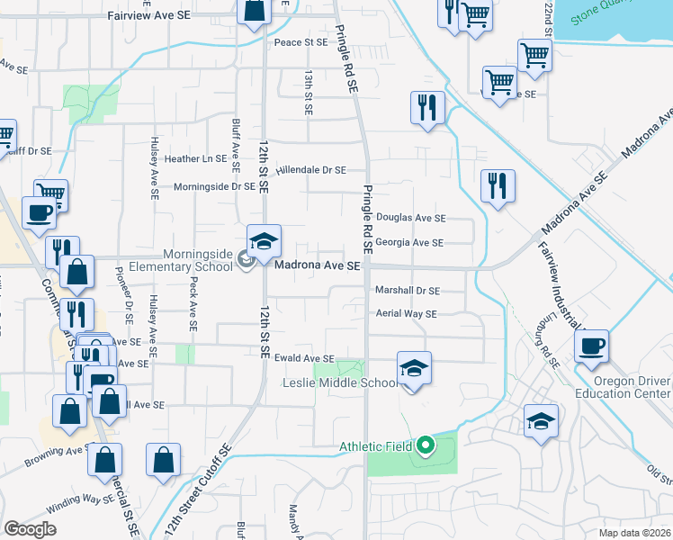 map of restaurants, bars, coffee shops, grocery stores, and more near 1320 Marshall Drive Southeast in Salem