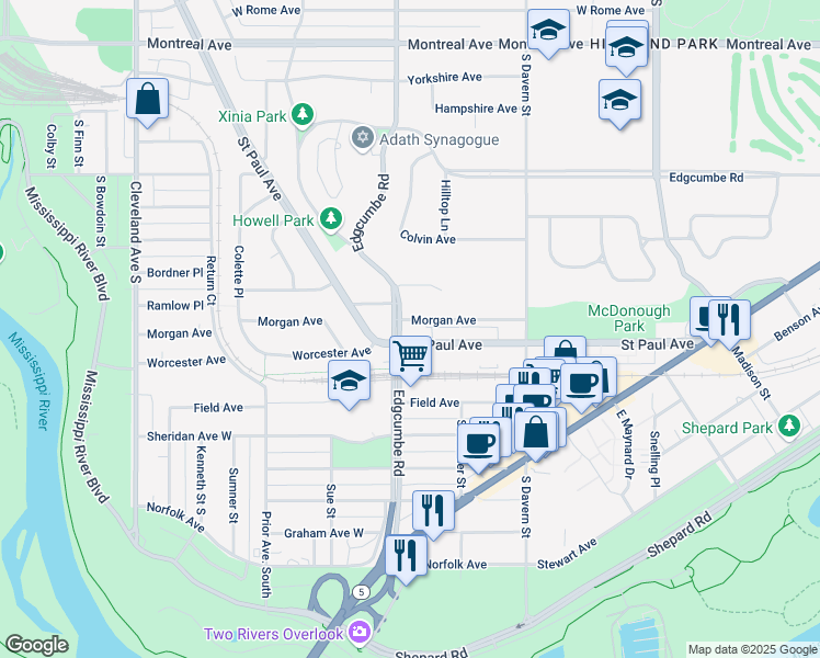 map of restaurants, bars, coffee shops, grocery stores, and more near in Saint Paul