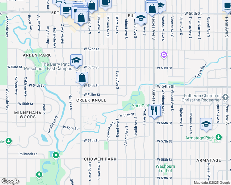 map of restaurants, bars, coffee shops, grocery stores, and more near 3501 West Fuller Street in Edina